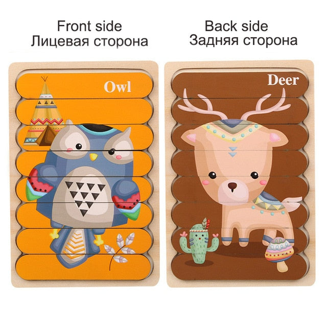 Kids Animal 3D Wooden Puzzle Montessori Toy Double-sided Strip Puzzle Telling Story Stacking Jigsaw Educational Toy For Children