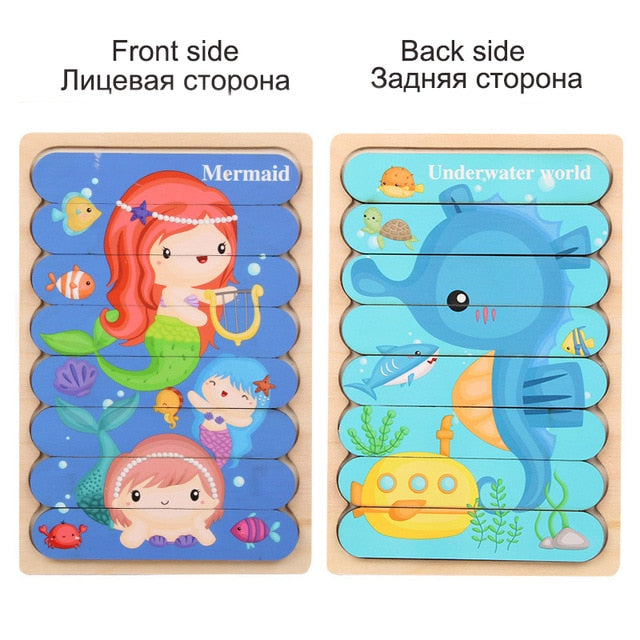 Kids Animal 3D Wooden Puzzle Montessori Toy Double-sided Strip Puzzle Telling Story Stacking Jigsaw Educational Toy For Children