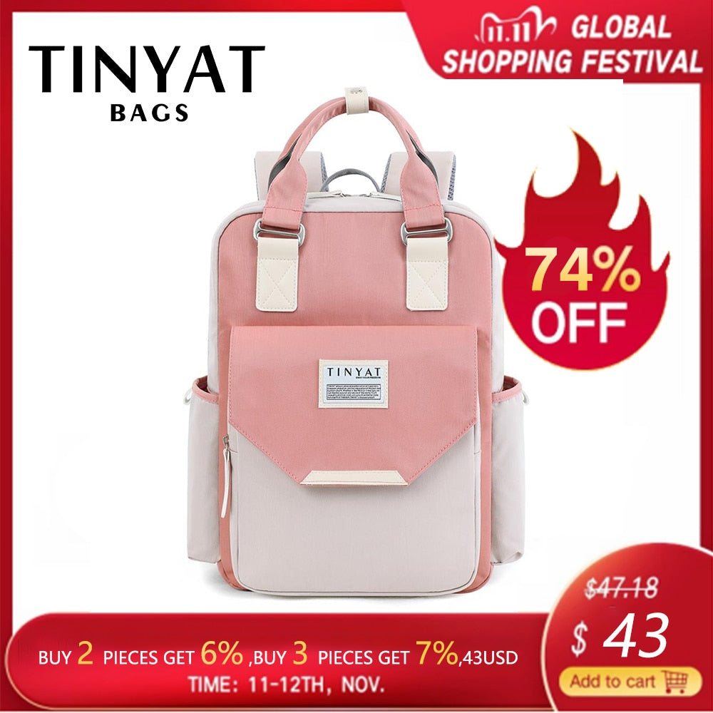 TINYAT Candy women canvas backpack waterproof feminina laptop backpack 15 Pink Patchwork school backpacks bags for teenage girls