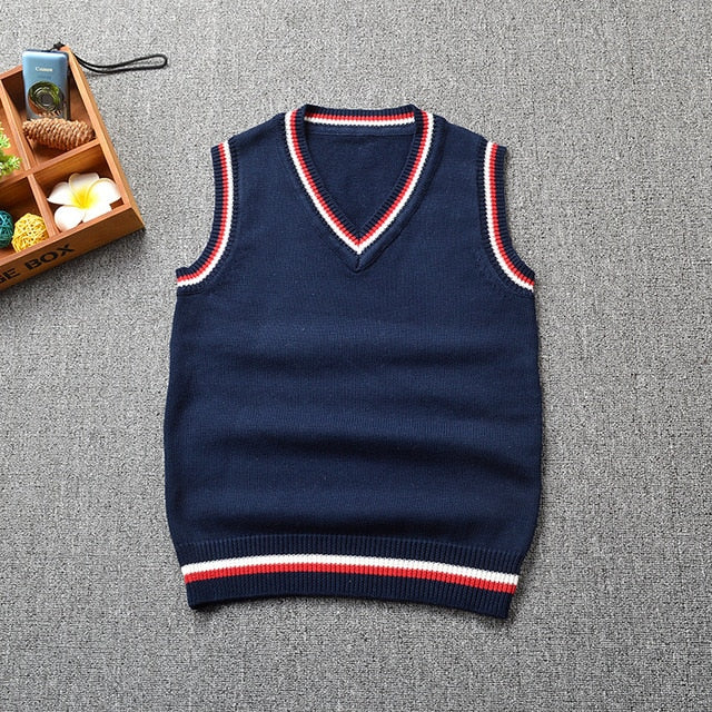 Japan School Uniform Sweater Vest Sleeveless Navy V-neck Cotton Tops Boy and Girls British Style Knitted School Uniforms Vest