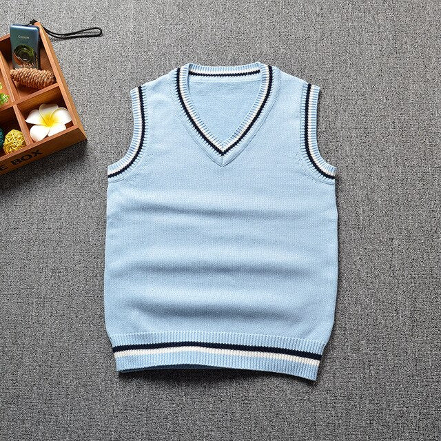 Japan School Uniform Sweater Vest Sleeveless Navy V-neck Cotton Tops Boy and Girls British Style Knitted School Uniforms Vest