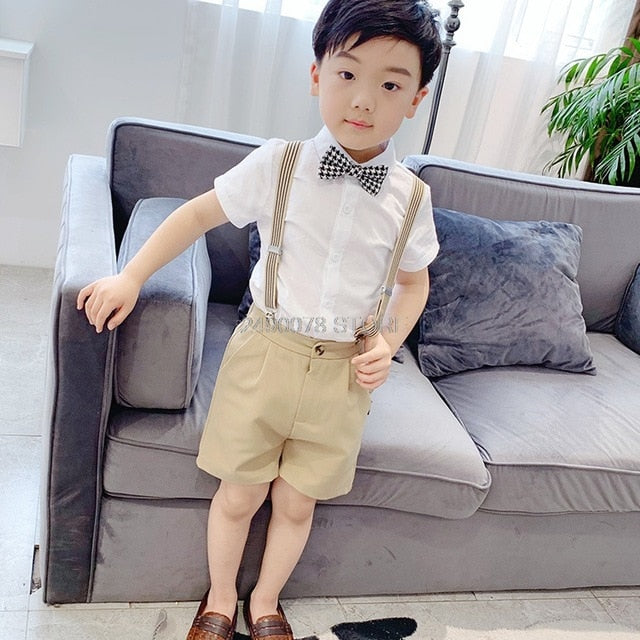 Boys School Uniform Kids Formal Strap Shirt +Pants Clothing Set Children Wedding Birthday Dress Girls Piano Performance Costume