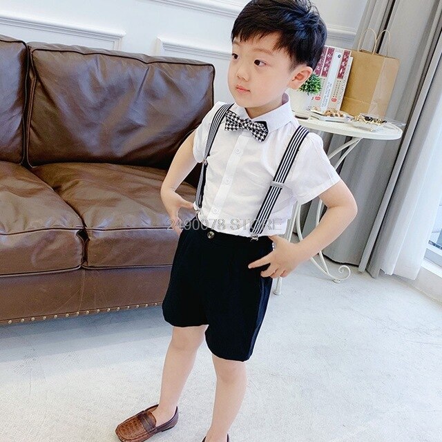 Boys School Uniform Kids Formal Strap Shirt +Pants Clothing Set Children Wedding Birthday Dress Girls Piano Performance Costume