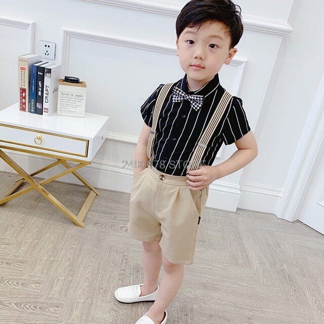 Boys School Uniform Kids Formal Strap Shirt +Pants Clothing Set Children Wedding Birthday Dress Girls Piano Performance Costume