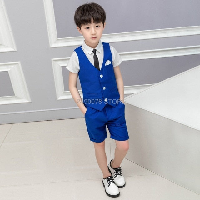 Boys School Uniform Kids Formal Strap Shirt +Pants Clothing Set Children Wedding Birthday Dress Girls Piano Performance Costume