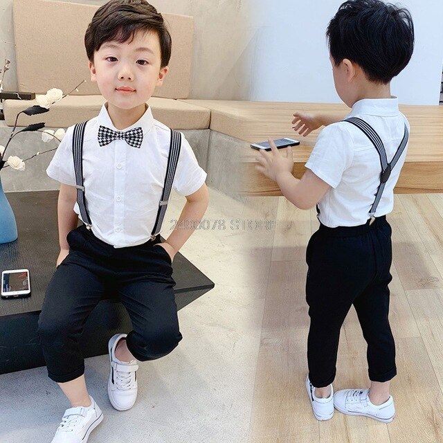 Boys School Uniform Kids Formal Strap Shirt +Pants Clothing Set Children Wedding Birthday Dress Girls Piano Performance Costume