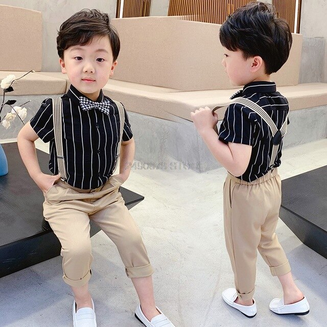 Boys School Uniform Kids Formal Strap Shirt +Pants Clothing Set Children Wedding Birthday Dress Girls Piano Performance Costume