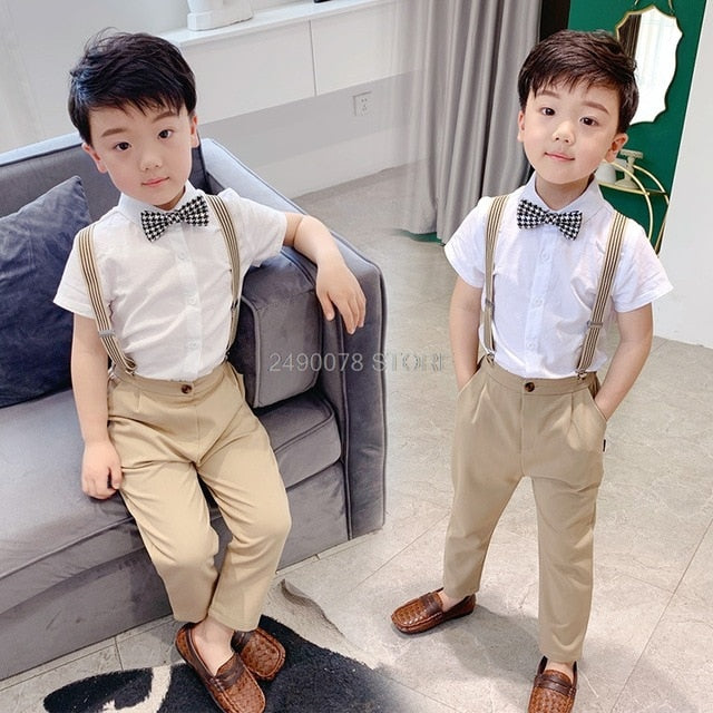 Boys School Uniform Kids Formal Strap Shirt +Pants Clothing Set Children Wedding Birthday Dress Girls Piano Performance Costume