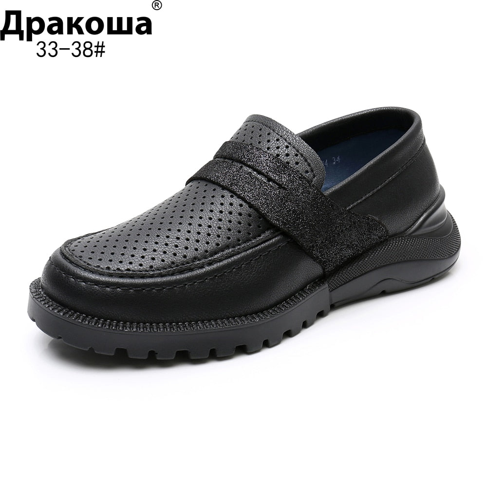 Apakowa Boys Genuine Leather Shoes Slip On Flat Style Wedding Black shoes Student Kids Casual Anti-slip New School Uniform Shoes