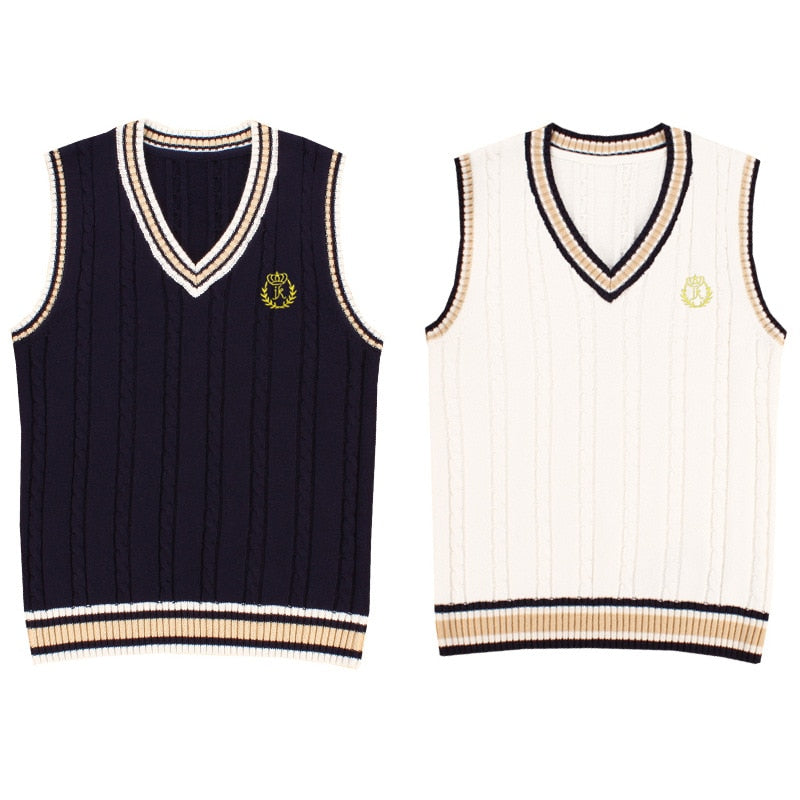 Korean School Uniform Vest Fashion V-neck Embroidery Pullover School Girl Boys British Sweater Vest Tank Top