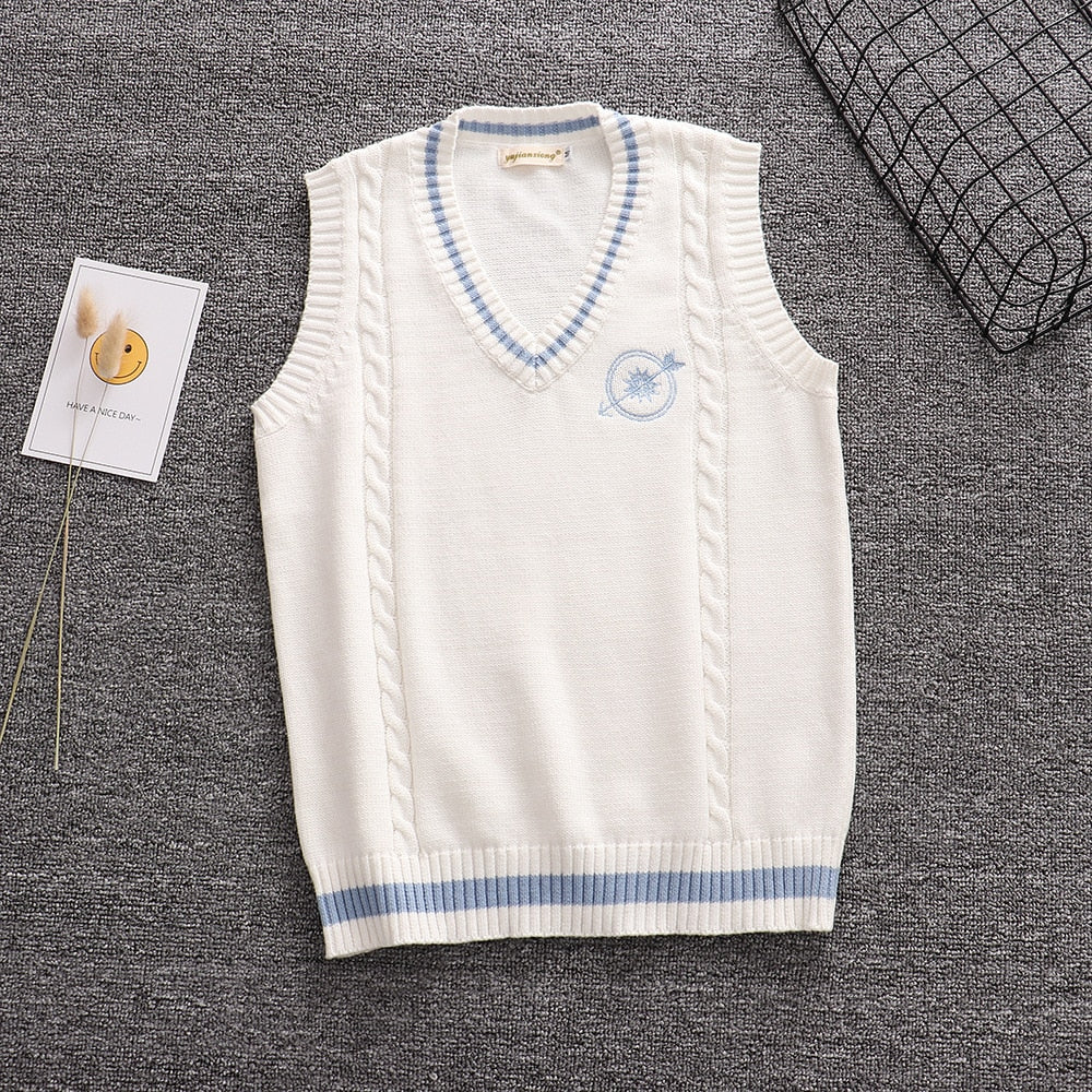 New Shelves Korean School Uniform Vest Fashion V-neck Jk Embroidery  Pullover School Girl Boys British Sweater Vest Tank Top XXL