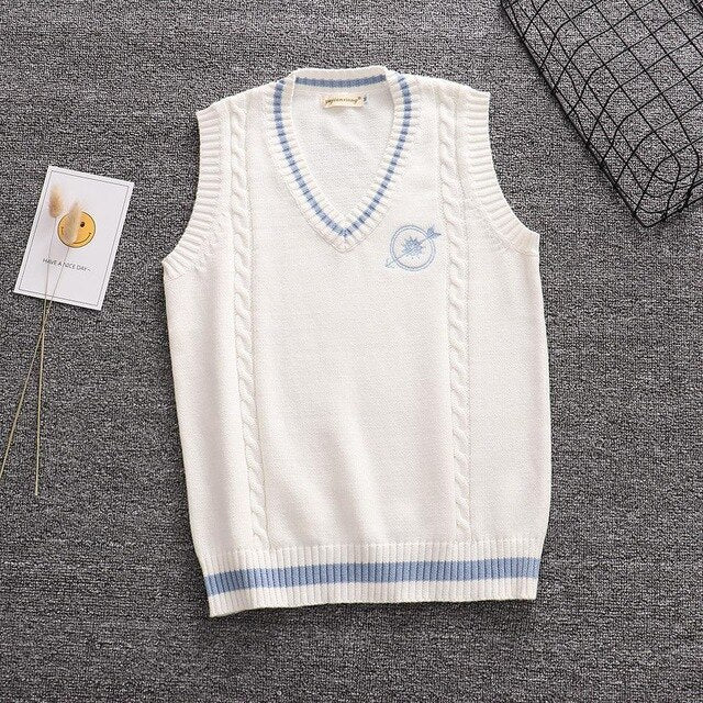 New Shelves Korean School Uniform Vest Fashion V-neck Jk Embroidery  Pullover School Girl Boys British Sweater Vest Tank Top XXL