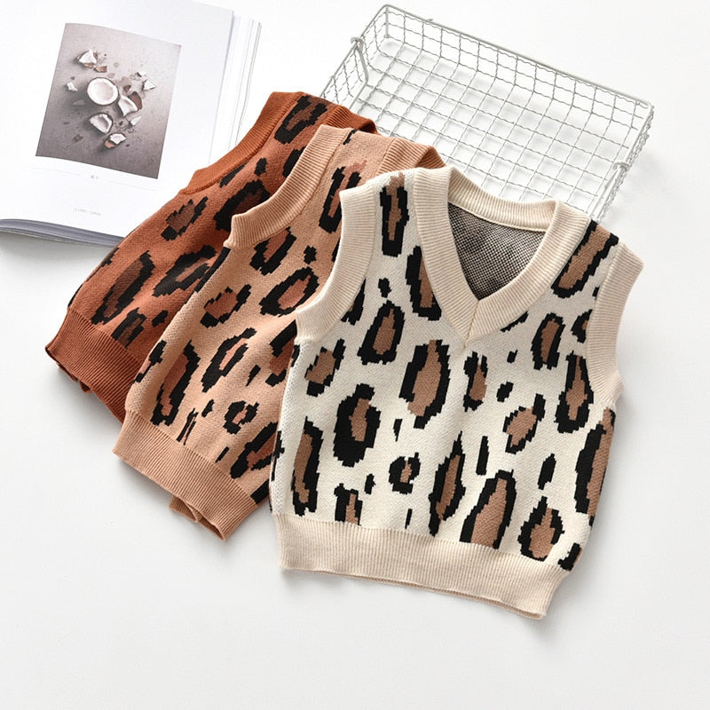 Autumn Vest Boy Pullover Sweetheart collar Waistcoat Girl Leopard Knitted School Uniform Winter Baby Clothes Sleeveless Sweaters