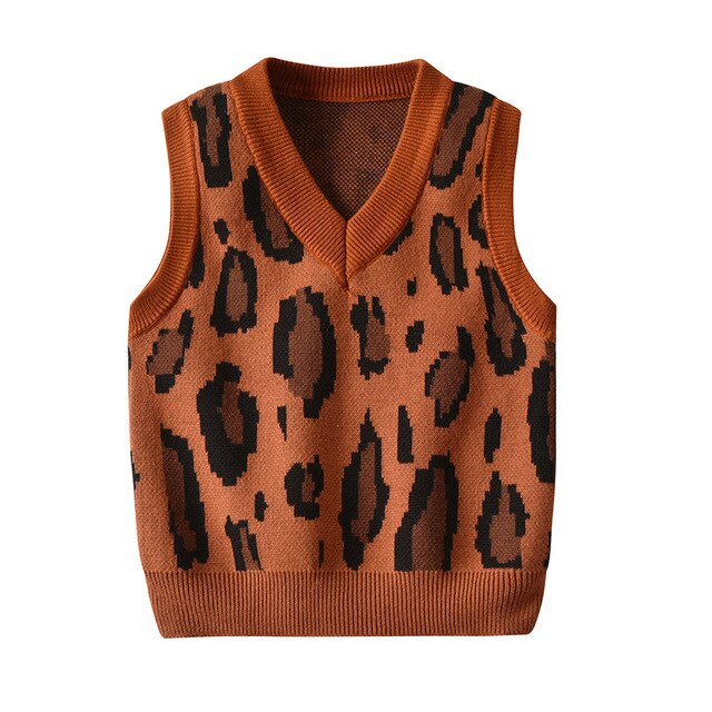 Autumn Vest Boy Pullover Sweetheart collar Waistcoat Girl Leopard Knitted School Uniform Winter Baby Clothes Sleeveless Sweaters