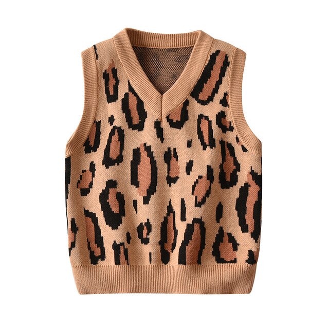 Autumn Vest Boy Pullover Sweetheart collar Waistcoat Girl Leopard Knitted School Uniform Winter Baby Clothes Sleeveless Sweaters