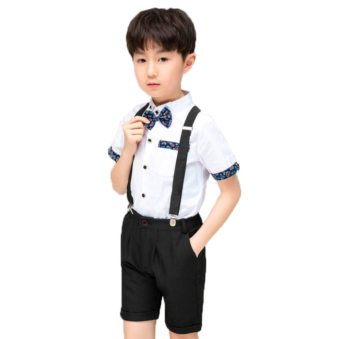 Flower Boys Girls Summer Wedding Party Suit Shirts Strap Shorts /Skirt Bowtie Kids Formal Birthday Dress Children School Uniform