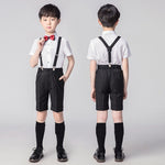 Flower Boys Girls Summer Wedding Party Suit Shirts Strap Shorts /Skirt Bowtie Kids Formal Birthday Dress Children School Uniform