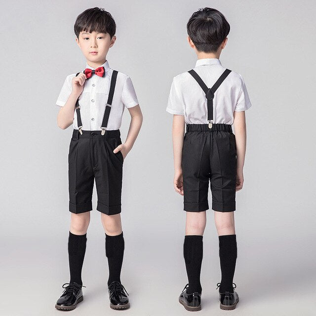 Flower Boys Girls Summer Wedding Party Suit Shirts Strap Shorts /Skirt Bowtie Kids Formal Birthday Dress Children School Uniform