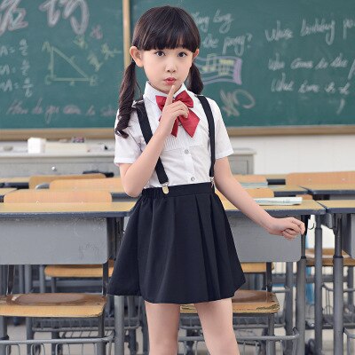 Flower Boys Girls Summer Wedding Party Suit Shirts Strap Shorts /Skirt Bowtie Kids Formal Birthday Dress Children School Uniform