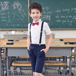 Flower Boys Girls Summer Wedding Party Suit Shirts Strap Shorts /Skirt Bowtie Kids Formal Birthday Dress Children School Uniform