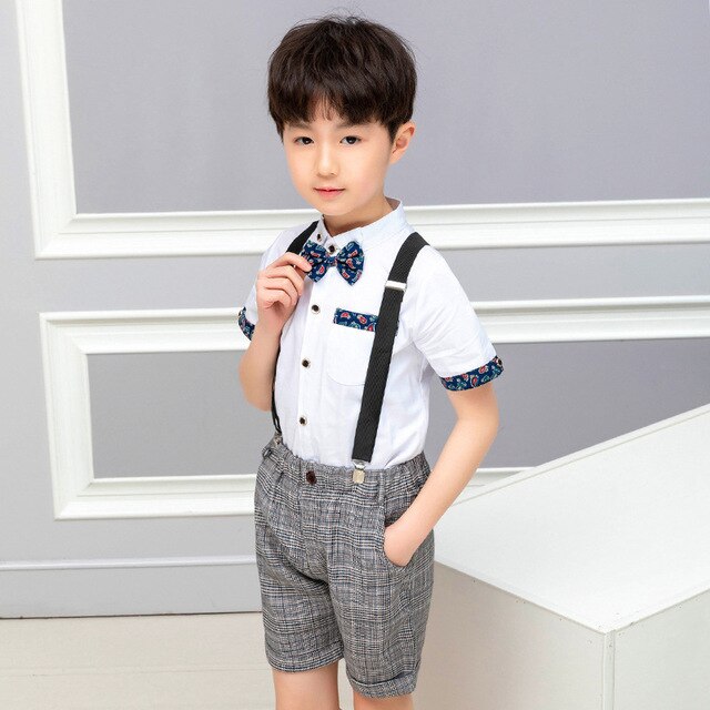 Flower Boys Girls Summer Wedding Party Suit Shirts Strap Shorts /Skirt Bowtie Kids Formal Birthday Dress Children School Uniform