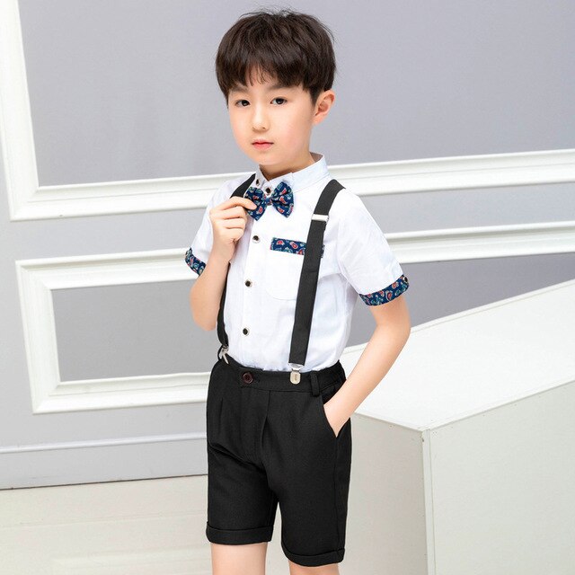 Flower Boys Girls Summer Wedding Party Suit Shirts Strap Shorts /Skirt Bowtie Kids Formal Birthday Dress Children School Uniform