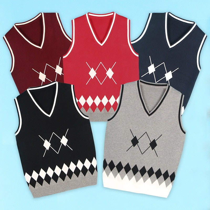 Autumn British School Girl Sleeveless Sweater Vest School Uniforms V-neck Japanese Boys And Girls Students Korean Knitted Vest