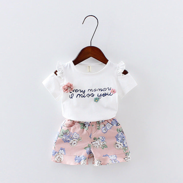 Two Pieces Cotton Girls Clothing Sets Summer Vest Sleeveless Children Sets Fashion Girls Clothes Suit Casual Floral Outfits 1-5T