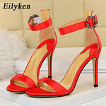 Eilyken Fashion Crystal Rhinestone Ankle Buckle Strap Sandels For Women Open Toe Stiletto Heels Ladies Wedding Shoes Pumps
