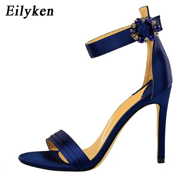 Eilyken Fashion Crystal Rhinestone Ankle Buckle Strap Sandels For Women Open Toe Stiletto Heels Ladies Wedding Shoes Pumps