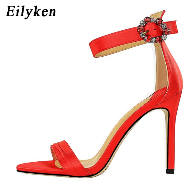 Eilyken Fashion Crystal Rhinestone Ankle Buckle Strap Sandels For Women Open Toe Stiletto Heels Ladies Wedding Shoes Pumps