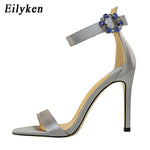 Eilyken Fashion Crystal Rhinestone Ankle Buckle Strap Sandels For Women Open Toe Stiletto Heels Ladies Wedding Shoes Pumps