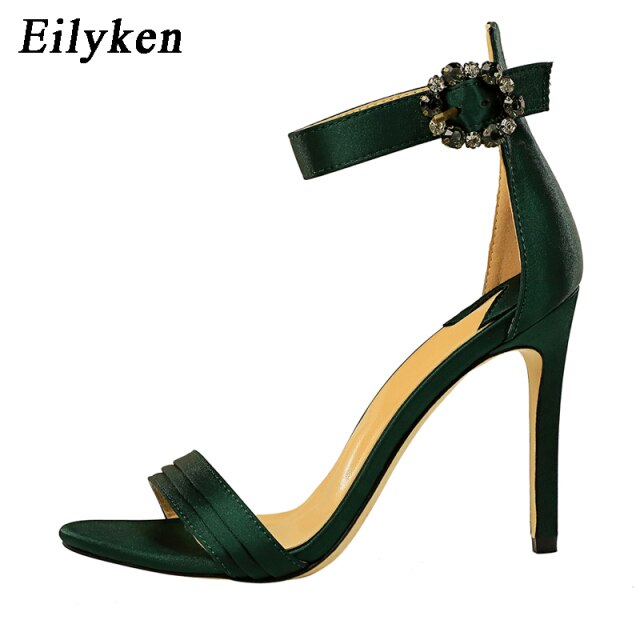 Eilyken Fashion Crystal Rhinestone Ankle Buckle Strap Sandels For Women Open Toe Stiletto Heels Ladies Wedding Shoes Pumps