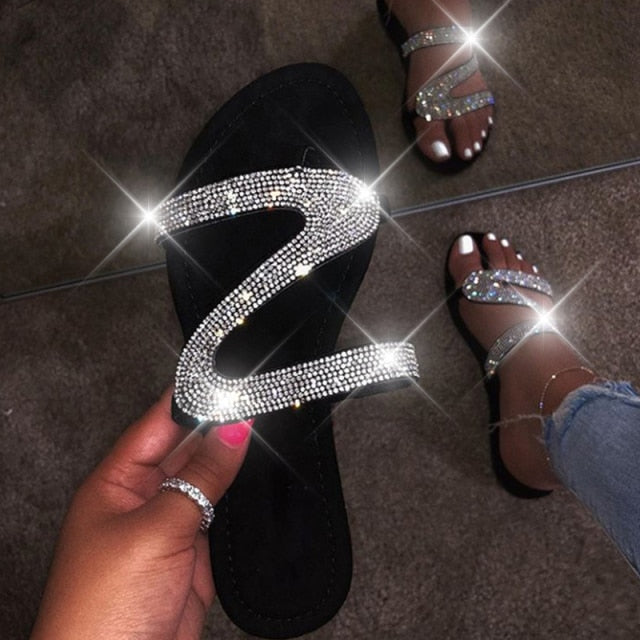 Rhinestone Sandals Women Summer 2021 Female Ladies Slippers Sandles Sandels Flats Shoes Woman Slides Luxury Designers Fashion