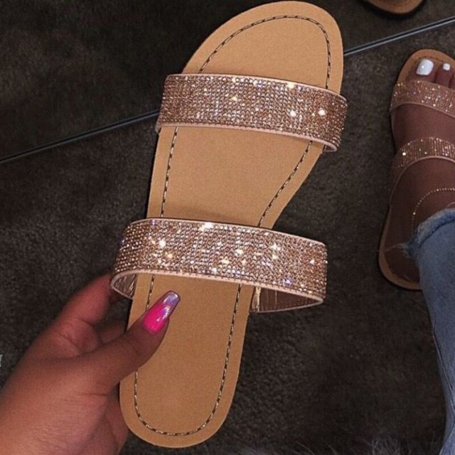 Rhinestone Sandals Women Summer 2021 Female Ladies Slippers Sandles Sandels Flats Shoes Woman Slides Luxury Designers Fashion
