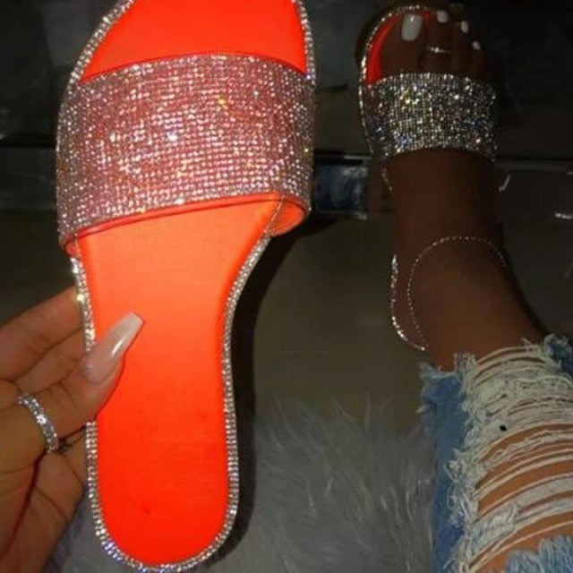 Rhinestone Sandals Women Summer 2021 Female Ladies Slippers Sandles Sandels Flats Shoes Woman Slides Luxury Designers Fashion