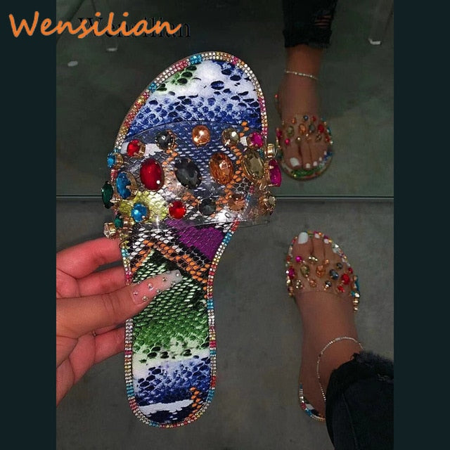 Rhinestone Sandals Women Summer 2021 Female Ladies Slippers Sandles Sandels Flats Shoes Woman Slides Luxury Designers Fashion