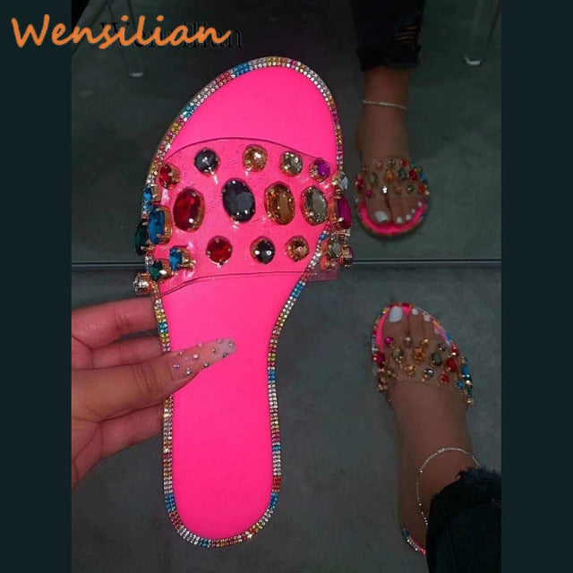 Rhinestone Sandals Women Summer 2021 Female Ladies Slippers Sandles Sandels Flats Shoes Woman Slides Luxury Designers Fashion