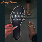 Rhinestone Sandals Women Summer 2021 Female Ladies Slippers Sandles Sandels Flats Shoes Woman Slides Luxury Designers Fashion