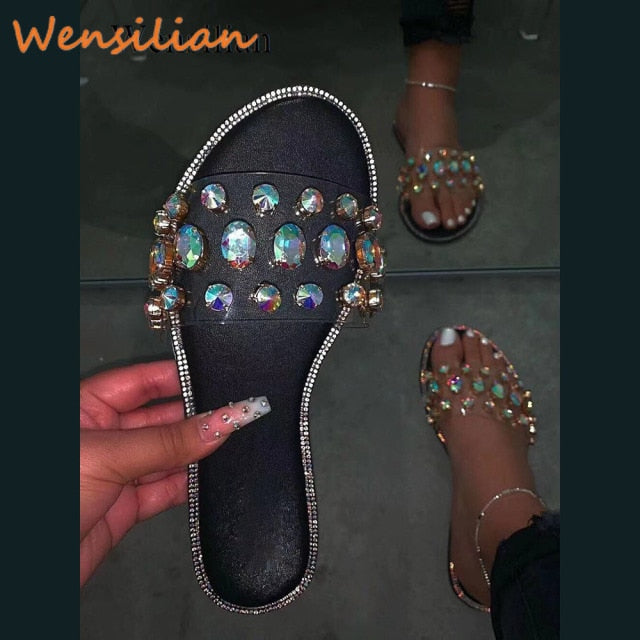 Rhinestone Sandals Women Summer 2021 Female Ladies Slippers Sandles Sandels Flats Shoes Woman Slides Luxury Designers Fashion