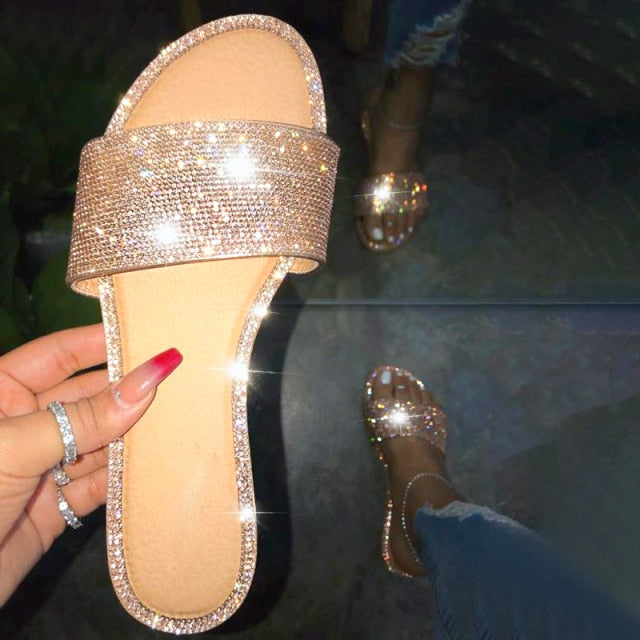 Summer Shoes Woman Rhinestone Sandals For Women 2021 Bling Slippers Flat Ladies Beach Sandles Designer Slides Luxury Sandels