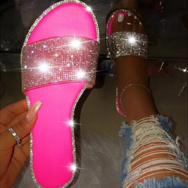 Summer Shoes Woman Rhinestone Sandals For Women 2021 Bling Slippers Flat Ladies Beach Sandles Designer Slides Luxury Sandels