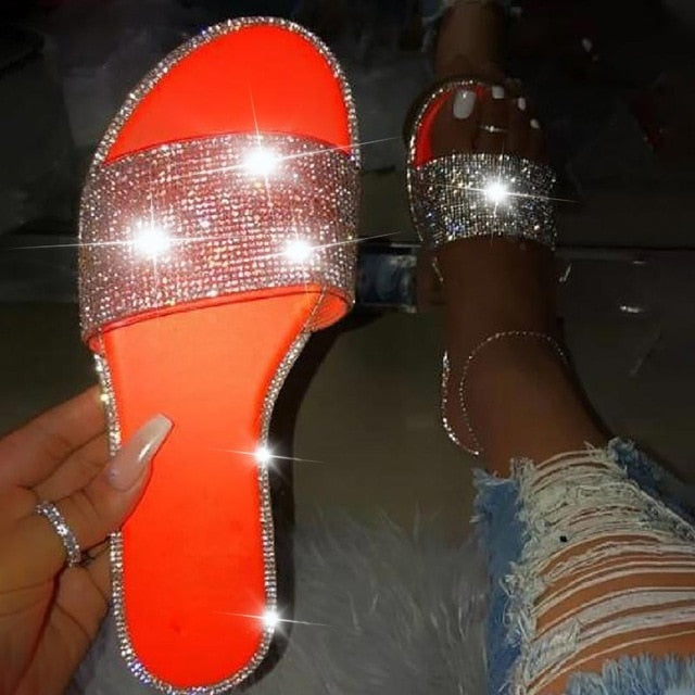 Summer Shoes Woman Rhinestone Sandals For Women 2021 Bling Slippers Flat Ladies Beach Sandles Designer Slides Luxury Sandels