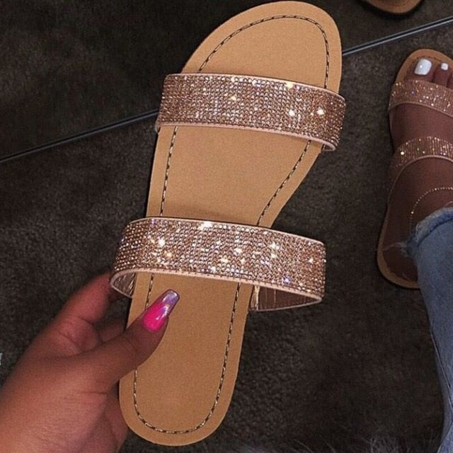 Summer Shoes Woman Rhinestone Sandals For Women 2021 Bling Slippers Flat Ladies Beach Sandles Designer Slides Luxury Sandels