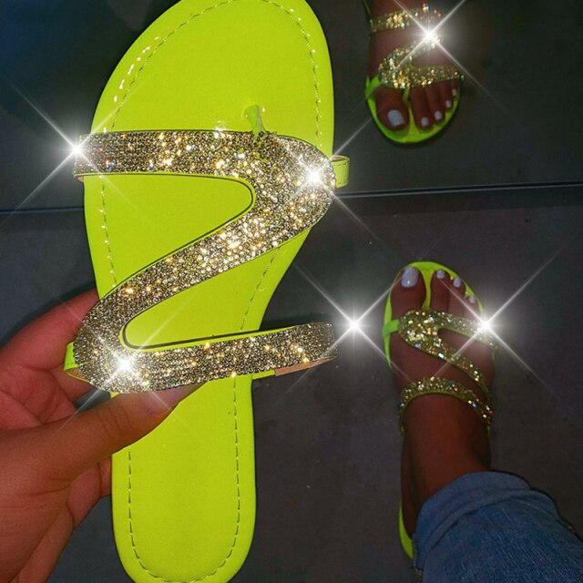 Summer Shoes Woman Rhinestone Sandals For Women 2021 Bling Slippers Flat Ladies Beach Sandles Designer Slides Luxury Sandels