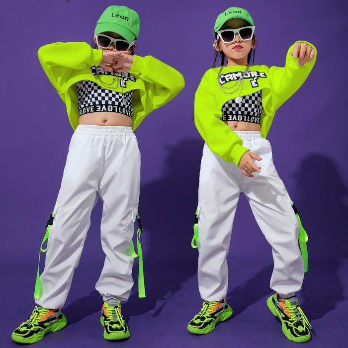 2020 Hip Hop Dance Clothing For Girls Green Top Hiphop Pants Festival Clothing Sports Suit Jazz Street Dance Wear Kids DQS3948