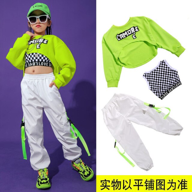 2020 Hip Hop Dance Clothing For Girls Green Top Hiphop Pants Festival Clothing Sports Suit Jazz Street Dance Wear Kids DQS3948