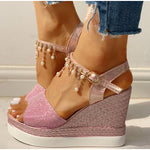 2021 New Women Wedge Sandals Summer Bead Studded Detail Platform Sandals Buckle Strap Peep Toe Thick Bottom Casual Shoes Ladies
