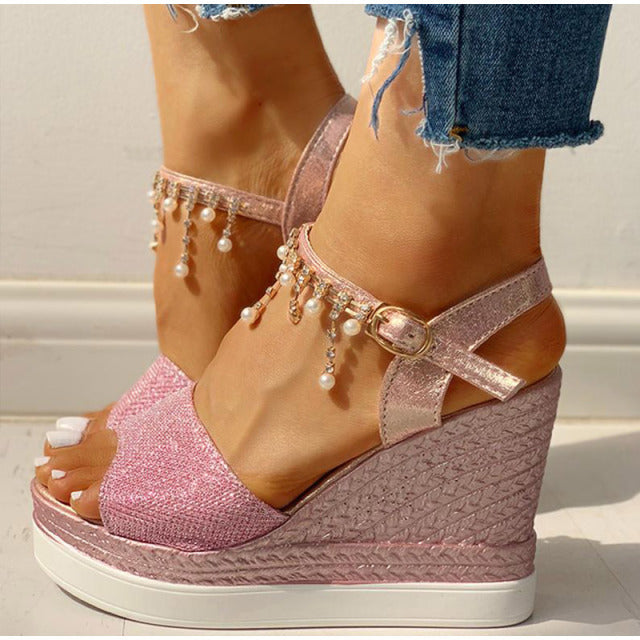 2021 New Women Wedge Sandals Summer Bead Studded Detail Platform Sandals Buckle Strap Peep Toe Thick Bottom Casual Shoes Ladies