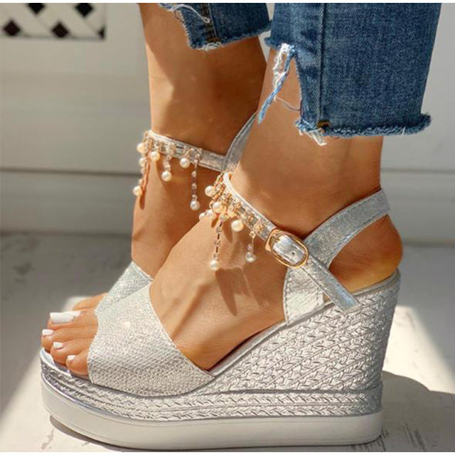 2021 New Women Wedge Sandals Summer Bead Studded Detail Platform Sandals Buckle Strap Peep Toe Thick Bottom Casual Shoes Ladies